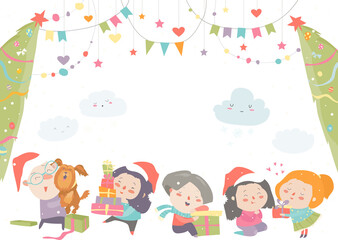 Happy cartoon children with Christmas gifts. Vector set