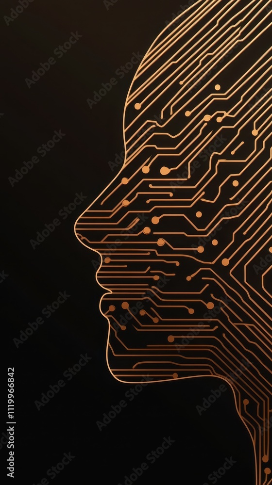 Poster digital circuit lines create a human profile illustrating technology and identity