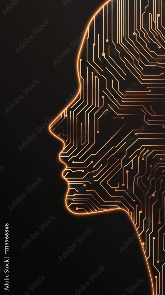 Poster digital circuit lines create a human profile emphasizing technology and identity concepts