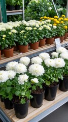 Rows of potted chrysanthemums thrive in a spacious greenhouse, benefiting from sunlight and modern agricultural techniques for growth