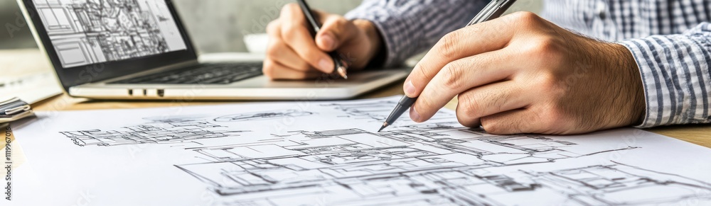 Poster a person sketches architectural plans while using a laptop.