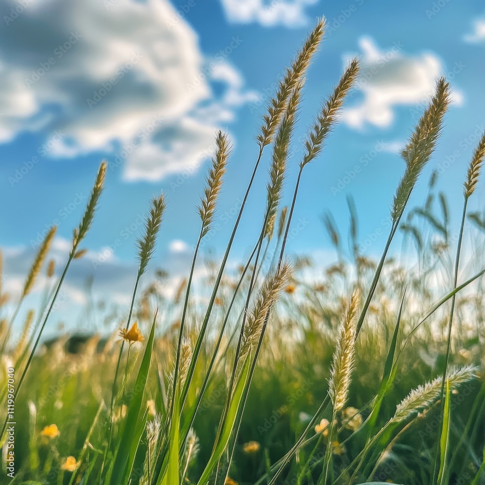 Poster spring or summer season abstract nature background with grass and blue sky in the back