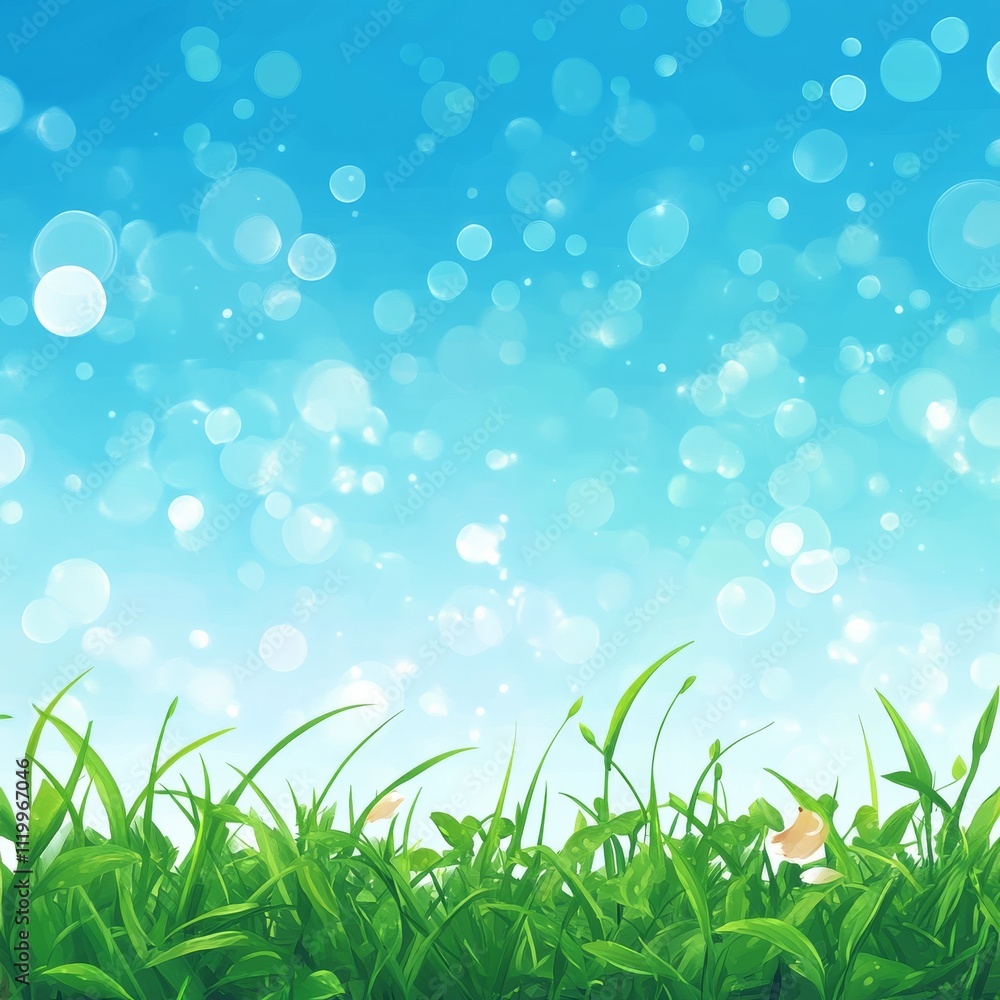Poster spring or summer season abstract nature background with grass and blue sky in the back