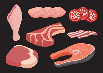 Set of meat, fresh beef, bacon, salmon