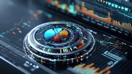 Futuristic pie chart floating on a transparent screen, showcasing detailed financial and business analytics