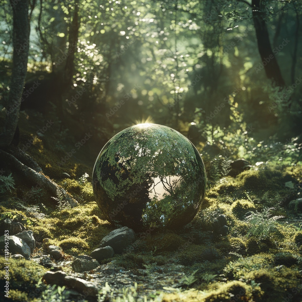 Aufkleber earth day - environment - green globe in forest with moss and defocused abstract sunlight