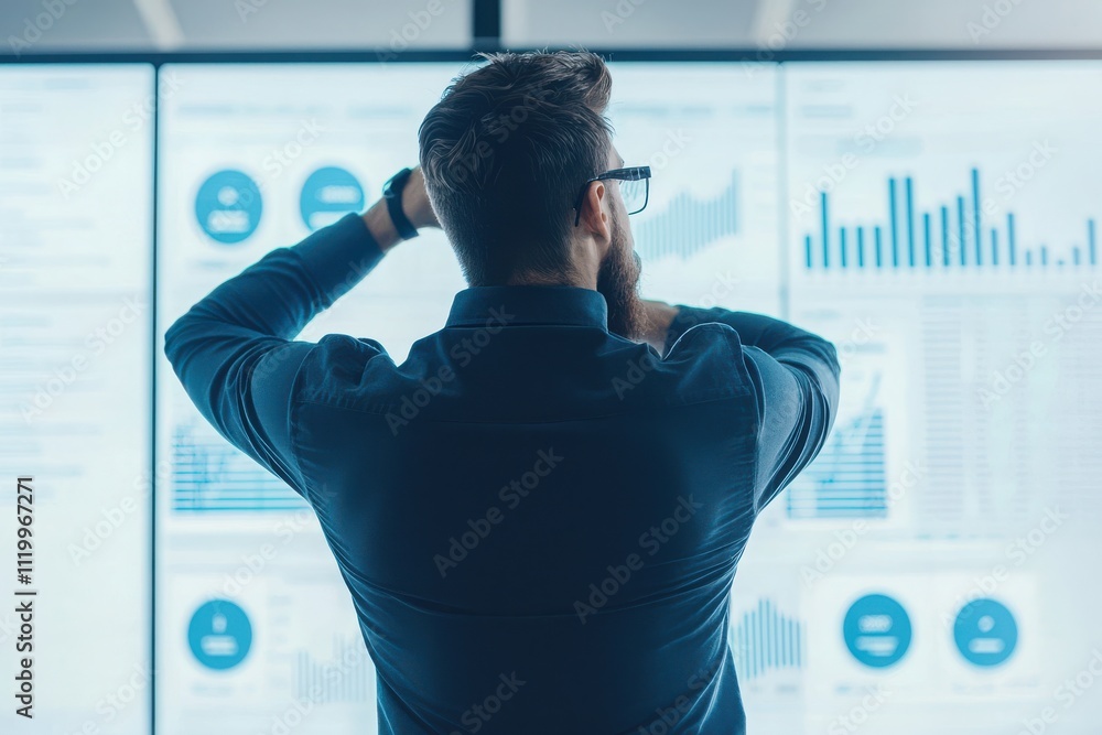 Poster professional tax consultant analyzing deductions in a modern office setting with data visualizations
