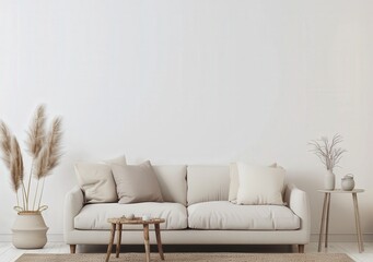 Naklejka premium Minimalist living room interior with a white sofa. a wooden coffee table. and pampas grass in a vase