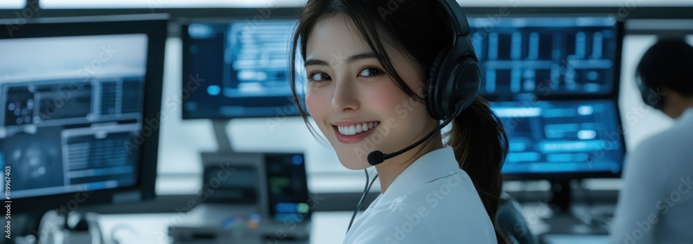 Poster A smiling woman in a headset works in a modern tech control room with multiple screens.