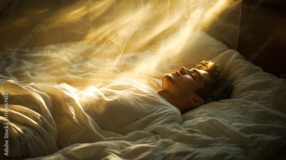 Poster a man lies peacefully asleep in his bed, surrounded by soft white linens. warm golden rays of sunlig