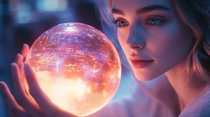 Naklejka premium A woman is holding a glowing ball in her hand. Generative AI