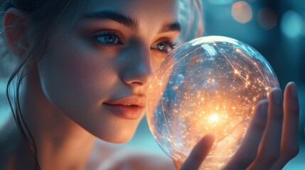 Naklejka premium A woman is holding a glowing ball in her hand. Generative AI