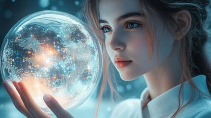 Naklejka premium A woman is holding a glass ball with a blue light shining on it. Generative AI