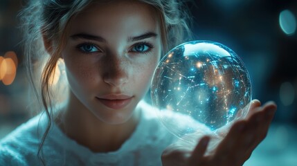 Fototapeta premium A woman is holding a glowing orb in her hand. Generative AI
