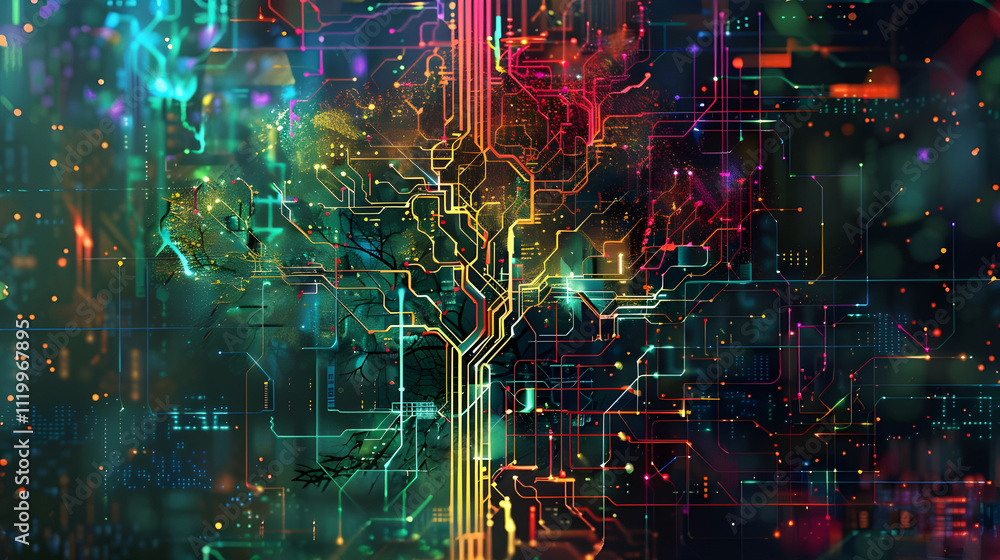 Poster abstract colorful circuit tree digital art.