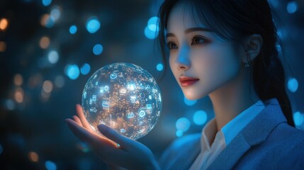 Naklejka premium A woman is holding a glowing ball in her hand. Generative AI