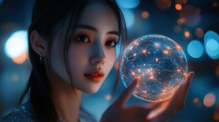 Naklejka premium A woman is holding a glowing orb in her hand. Generative AI