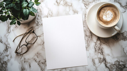 Blank rectangular card on marble tabletop with green plant, latte, and glasses in modern design.