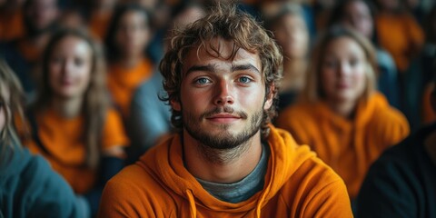 Fototapeta premium Young caucasian male in orange hoodie among a crowd at an event