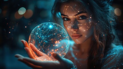 Naklejka premium A woman is holding a glowing orb in her hand. Generative AI