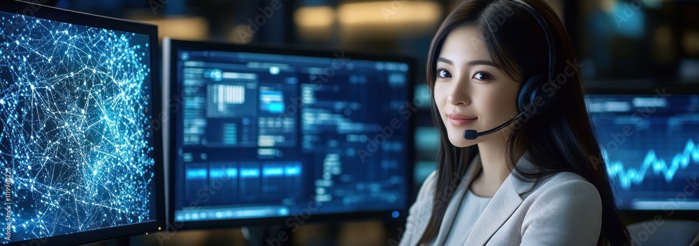 Aufkleber A professional woman with a headset in front of multiple computer screens displaying data.