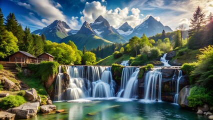 Cascading Mountain Waterfalls in a Lush Green Valley