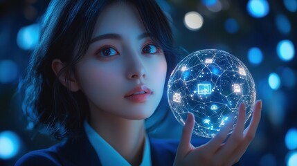 Naklejka premium A woman is holding a glowing ball with many icons on it. Generative AI