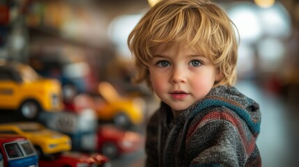 A young boy with curly hair and bright blue eyes engages with an array of toy cars in a vibrant indoor play space. The atmosphere is cheerful and filled with colorful vehicles.
