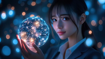 Naklejka premium A woman is holding a glowing sphere in her hand. Generative AI