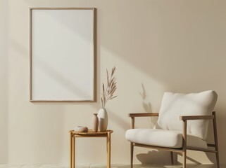 Minimalist living room interior with a large blank poster frame on the wall. a wooden armchair. a side table. and dried plants in a vase