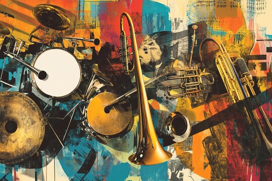 dynamic collage of brass instruments drums and bold patterns representing ska music
