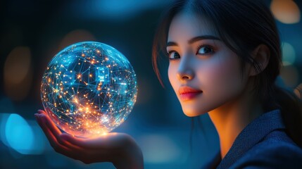 Naklejka premium A woman is holding a glowing orb in her hand. Generative AI