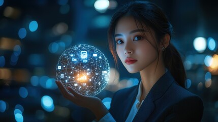 Naklejka premium A woman is holding a glowing ball with many icons on it. Generative AI