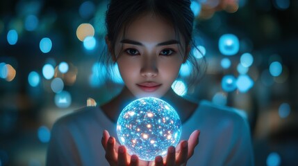 Naklejka premium A woman is holding a blue ball with a glowing light inside. Generative AI