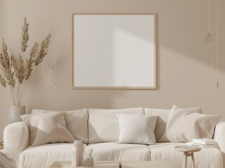 A minimalist living room with a beige sofa. a wooden coffee table. and a blank square frame on the wall