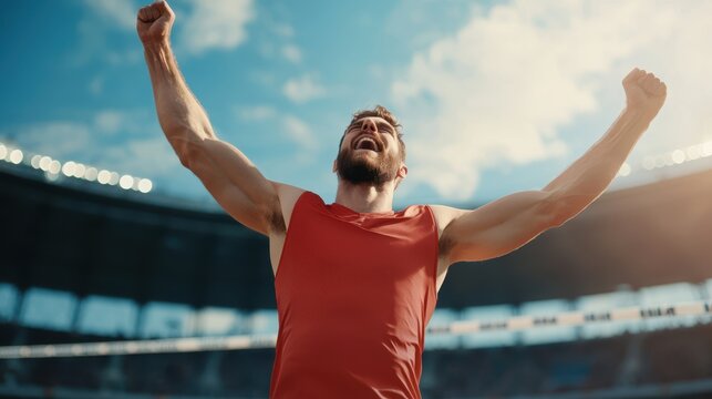 Male athlete celebrates victory after crossing finish line in stadium during a track event
