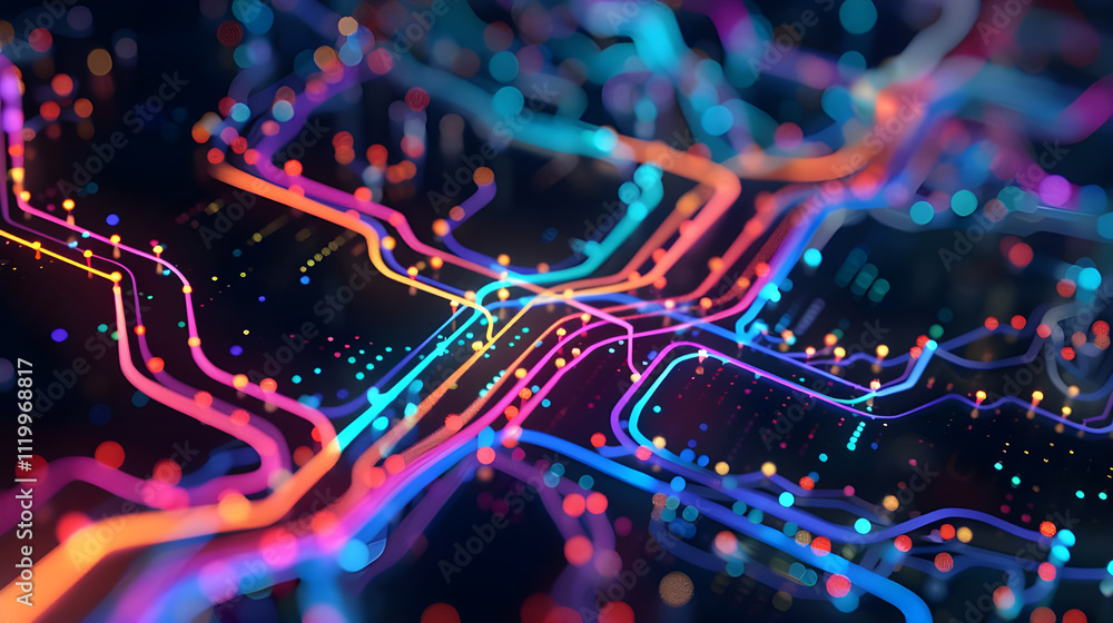 Poster abstract colorful digital network lines and nodes.