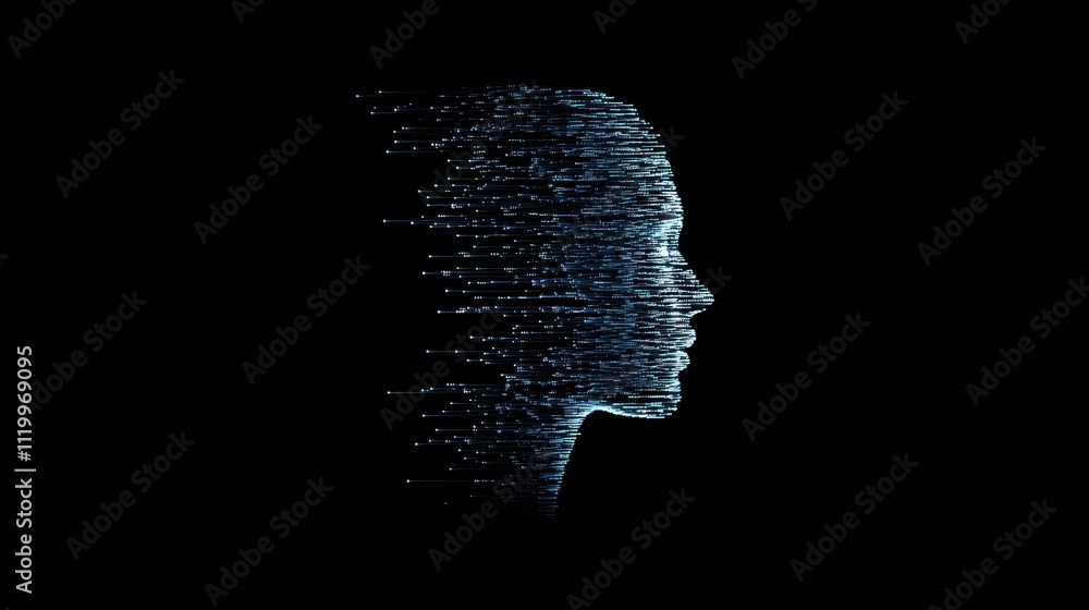 Poster glowing minimalist digital circuitry forms a human profile in an abstract composition