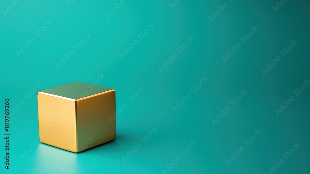 Poster close-up view of a minimalistic gold cube on a teal background