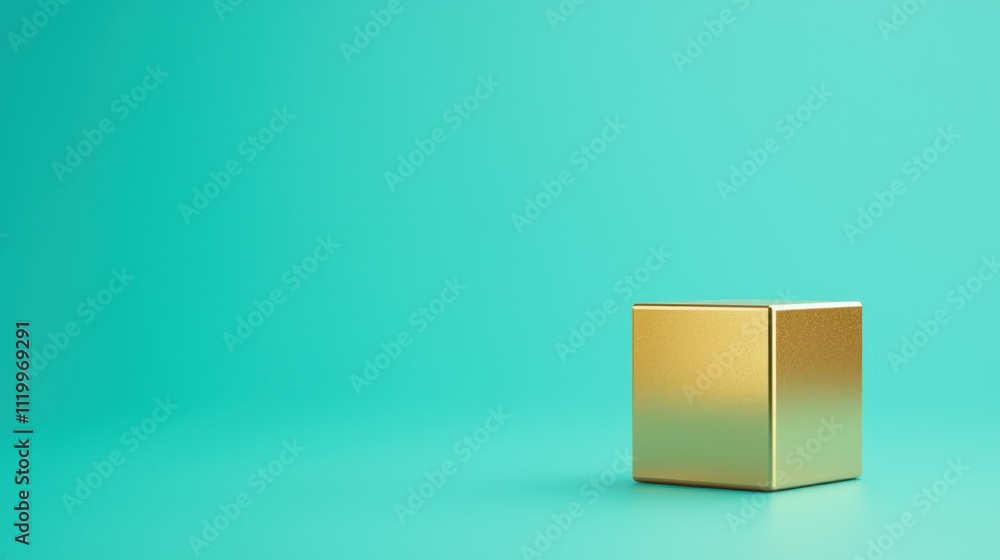 Poster close-up of a shiny gold cube on a vibrant turquoise background in minimalistic style