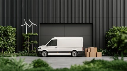 Electric delivery van unloading packages at green environment with wind turbines urban transport scene sustainable logistics setting side view