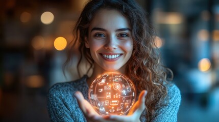 A woman is holding a glowing orb that has a lot of icons on it. Generative AI