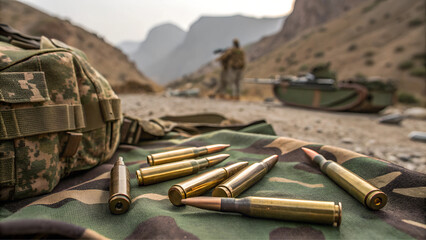 Gun and bullets on tactical fabric in military setting
