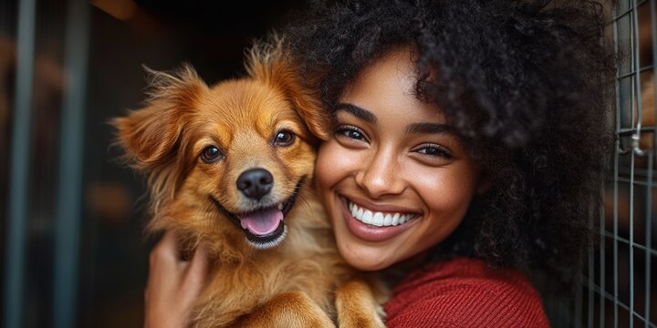 Joyful young african female holding happy fluffy dog in warm embrace