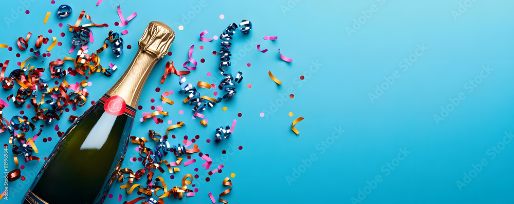 Poster creative flat lay composition with bottle of champagne and space for text on color background. champ