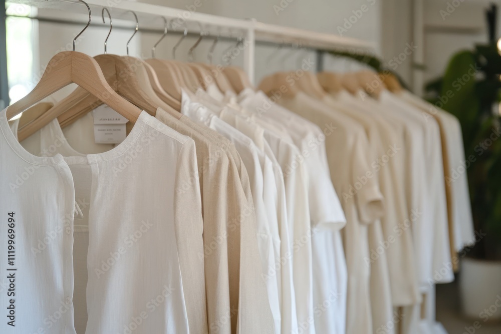 Poster a display of neatly arranged light-colored clothing on hangers in a retail setting.