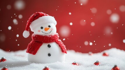 Cheerful Snowman in Red Hat and Scarf Against Festive Background