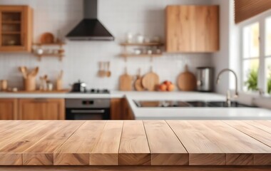 Empty wooden tabletop over defocused kitchen background