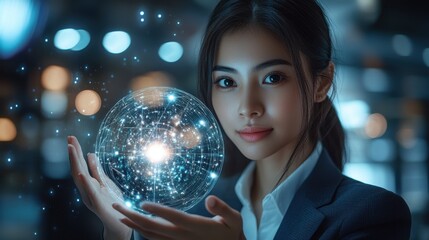 Naklejka premium A woman is holding a glowing sphere in her hand. Generative AI