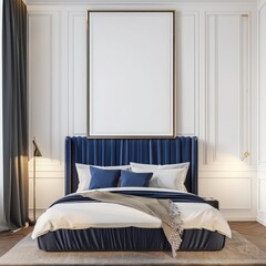 A luxurious bedroom interior with a large empty frame above a plush bed with a navy blue headboard and a gold lamp on a side table